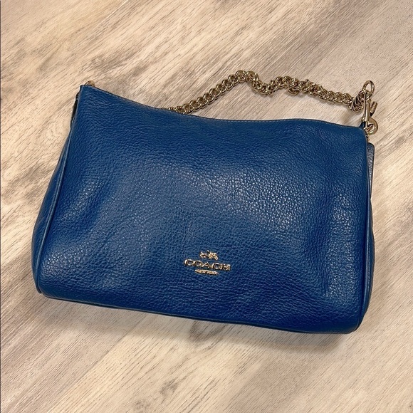 Coach Carrier Blue Pebbled Leather Mini Shoulder Bag With Luxe Gold Chain Strap - Picture 4 of 12
